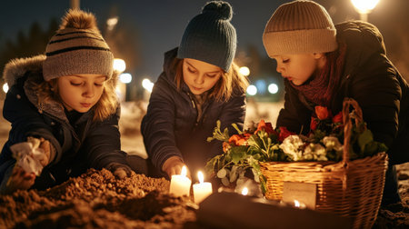 Children lighting candles at the cemetery on Black Friday, surrounded by flowers and lanterns, wearing winter against a dark background, faces with sad expressionsの素材