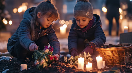 Children lighting candles at the cemetery on Black Friday, surrounded by flowers and lanterns, wearing winter against a dark background, faces with sad expressionsの素材