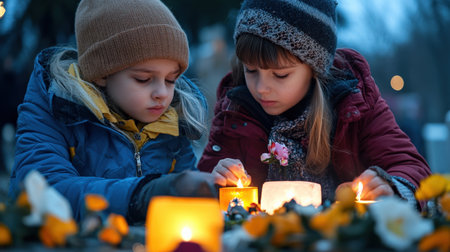 Children lighting candles at the cemetery on Black Friday, surrounded by flowers and lanterns, wearing winter against a dark background, faces with sad expressionsの素材