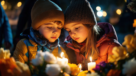 Children lighting candles at the cemetery on Black Friday, surrounded by flowers and lanterns, wearing winter against a dark background, faces with sad expressionsの素材
