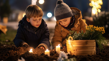 Children lighting candles at the cemetery on Black Friday, surrounded by flowers and lanterns, wearing winter against a dark background, faces with sad expressionsの素材