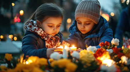 Children lighting candles at the cemetery on Black Friday, surrounded by flowers and lanterns, wearing winter against a dark background, faces with sad expressionsの素材