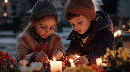 Children lighting candles at the cemetery on Black Friday, surrounded by flowers and lanterns, wearing winter against a dark background, faces with sad expressionsの素材