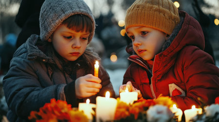 Children lighting candles at the cemetery on Black Friday, surrounded by flowers and lanterns, wearing winter against a dark background, faces with sad expressionsの素材