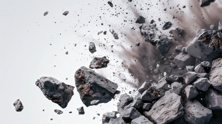 Pieces of coal flying in the air on a white background.の素材