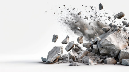 Pieces of stone with explosion on white background. 3d renderingの素材