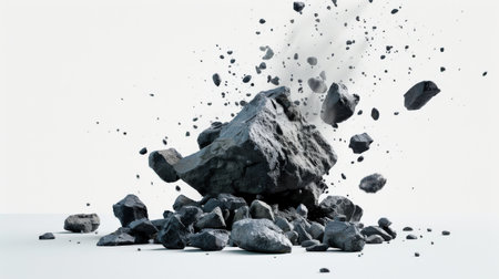 Black coal explosion isolated on white background. 3d render illustration.の素材