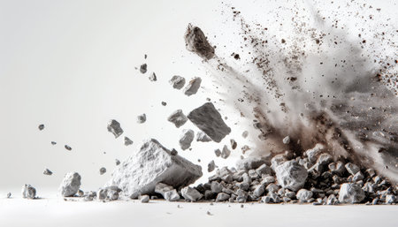 Explosion of rocks on white background. 3d rendering. Mixed mediaの素材