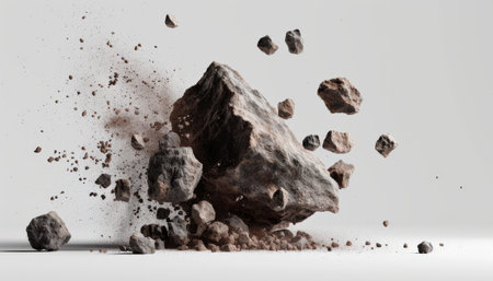 Explosion of stone on white background. 3d render illustration.の素材