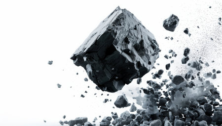 3d rendering of a piece of coal falling on a white backgroundの素材