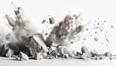 Explosion of rocks and debris on white background. 3d renderingの素材