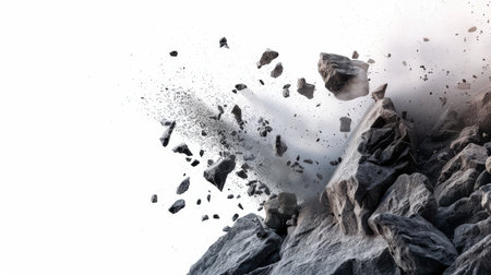 Explosion of rocks on white background. Mixed media. Mixed mediaの素材
