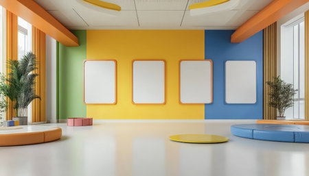 Colorful pastel colors learning rooms for pre-primary students or young children blank mockup frames on merry christmas wall of kindergarten or children playroom, display and show mockupの素材
