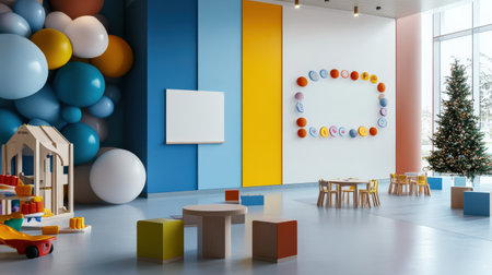 Colorful pastel colors learning rooms for pre-primary students or young children blank mockup frames on merry christmas wall of kindergarten or children playroom, display and show mockupの素材