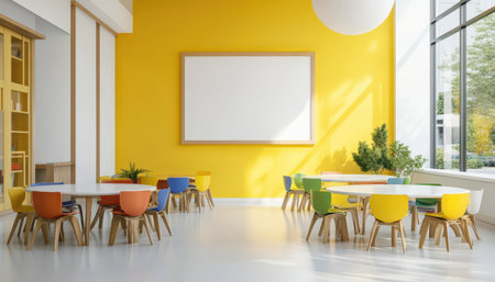 Colorful pastel colors learning rooms for pre-primary students or young children blank mockup frames on merry christmas wall of kindergarten or children playroom, display and show mockupの素材