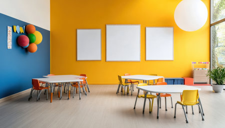 Colorful pastel colors learning rooms for pre-primary students or young children blank mockup frames on merry christmas wall of kindergarten or children playroom, display and show mockupの素材