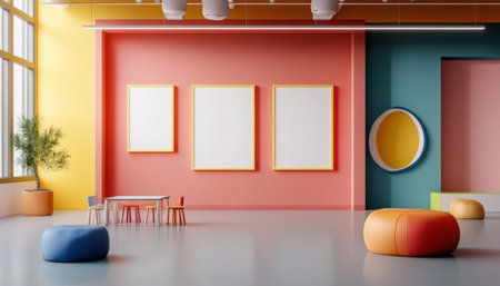 Colorful pastel colors learning rooms for pre-primary students or young children blank mockup frames on merry christmas wall of kindergarten or children playroom, display and show mockupの素材