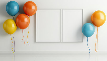 Colorful pastel colors learning rooms for pre-primary students or young children blank mockup frames on merry christmas wall of kindergarten or children playroom, display and show mockupの素材