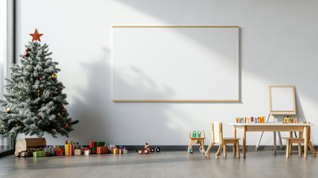 Colorful pastel colors learning rooms for pre-primary students or young children blank mockup frames on merry christmas wall of kindergarten or children playroom, display and show mockupの素材