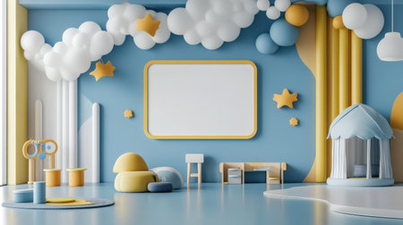 Colorful pastel colors learning rooms for pre-primary students or young children blank mockup frames on merry christmas wall of kindergarten or children playroom, display and show mockupの素材