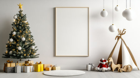 Colorful pastel colors learning rooms for pre-primary students or young children blank mockup frames on merry christmas wall of kindergarten or children playroom, display and show mockupの素材