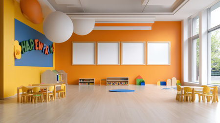 Colorful pastel colors learning rooms for pre-primary students or young children blank mockup frames on merry christmas wall of kindergarten or children playroom, display and show mockupの素材