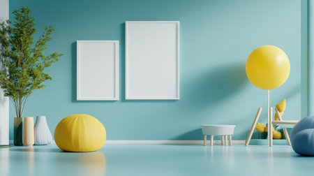 Colorful pastel colors learning rooms for pre-primary students or young children blank mockup frames on merry christmas wall of kindergarten or children playroom, display and show mockupの素材