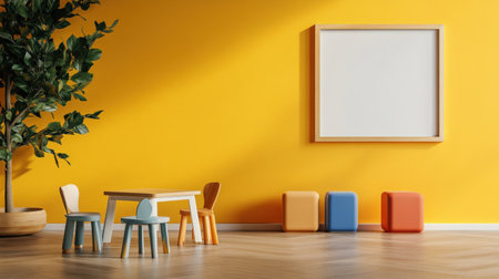 Colorful pastel colors learning rooms for pre-primary students or young children blank mockup frames on merry christmas wall of kindergarten or children playroom, display and show mockupの素材