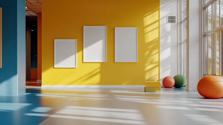 Colorful pastel colors learning rooms for pre-primary students or young children blank mockup frames on merry christmas wall of kindergarten or children playroom, display and show mockupの素材