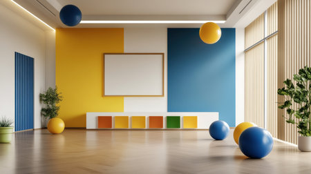 Colorful pastel colors learning rooms for pre-primary students or young children blank mockup frames on merry christmas wall of kindergarten or children playroom, display and show mockupの素材