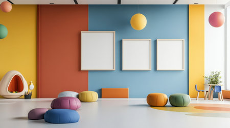 Colorful pastel colors learning rooms for pre-primary students or young children blank mockup frames on merry christmas wall of kindergarten or children playroom, display and show mockupの素材