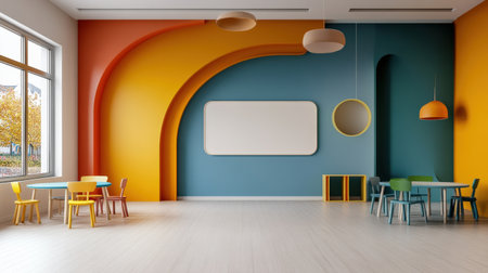 Colorful pastel colors learning rooms for pre-primary students or young children blank mockup frames on merry christmas wall of kindergarten or children playroom, display and show mockupの素材
