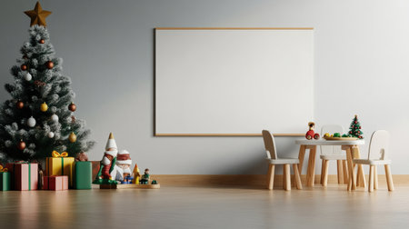 Colorful pastel colors learning rooms for pre-primary students or young children blank mockup frames on merry christmas wall of kindergarten or children playroom, display and show mockupの素材