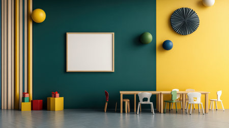 Colorful pastel colors learning rooms for pre-primary students or young children blank mockup frames on merry christmas wall of kindergarten or children playroom, display and show mockupの素材