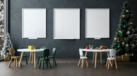 Colorful pastel colors learning rooms for pre-primary students or young children blank mockup frames on merry christmas wall of kindergarten or children playroom, display and show mockupの素材