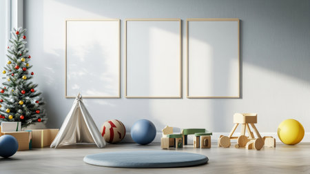 Colorful pastel colors learning rooms for pre-primary students or young children blank mockup frames on merry christmas wall of kindergarten or children playroom, display and show mockupの素材