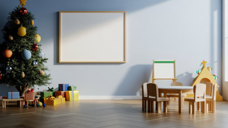 Colorful pastel colors learning rooms for pre-primary students or young children blank mockup frames on merry christmas wall of kindergarten or children playroom, display and show mockupの素材