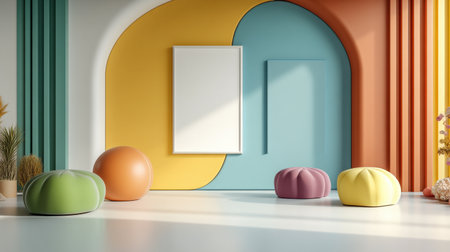 Colorful pastel colors learning rooms for pre-primary students or young children blank mockup frames on merry christmas wall of kindergarten or children playroom, display and show mockupの素材