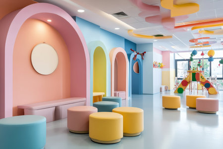Colorful pastel colors learning rooms for pre-primary students or young children blank mockup frames on merry christmas wall of kindergarten or children playroom, display and show mockupの素材