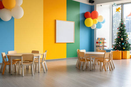 Colorful pastel colors learning rooms for pre-primary students or young children blank mockup frames on merry christmas wall of kindergarten or children playroom, display and show mockupの素材