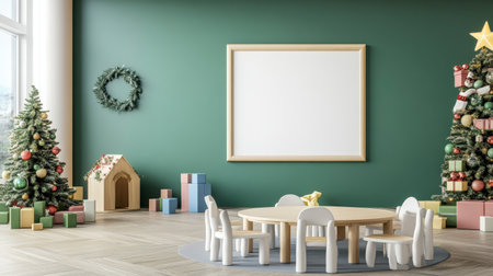 Colorful pastel colors learning rooms for pre-primary students or young children blank mockup frames on merry christmas wall of kindergarten or children playroom, display and show mockupの素材