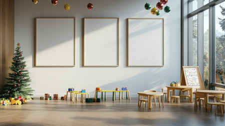 Colorful pastel colors learning rooms for pre-primary students or young children blank mockup frames on merry christmas wall of kindergarten or children playroom, display and show mockupの素材