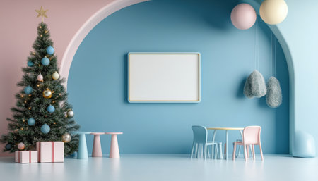 Colorful pastel colors learning rooms for pre-primary students or young children blank mockup frames on merry christmas wall of kindergarten or children playroom, display and show mockupの素材