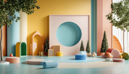 Colorful pastel colors learning rooms for pre-primary students or young children blank mockup frames on merry christmas wall of kindergarten or children playroom, display and show mockupの素材