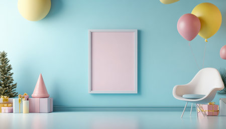 Colorful pastel colors learning rooms for pre-primary students or young children blank mockup frames on merry christmas wall of kindergarten or children playroom, display and show mockupの素材