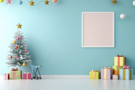 Colorful pastel colors learning rooms for pre-primary students or young children blank mockup frames on merry christmas wall of kindergarten or children playroom, display and show mockupの素材