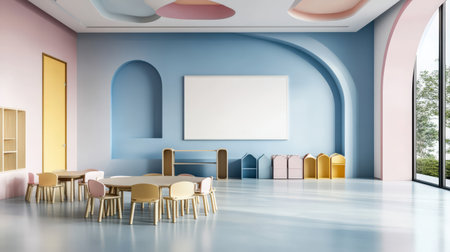 Colorful pastel colors learning rooms for pre-primary students or young children blank mockup frames on merry christmas wall of kindergarten or children playroom, display and show mockupの素材