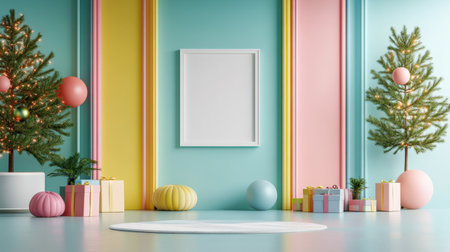 Colorful pastel colors learning rooms for pre-primary students or young children blank mockup frames on merry christmas wall of kindergarten or children playroom, display and show mockupの素材