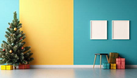 Colorful pastel colors learning rooms for pre-primary students or young children blank mockup frames on merry christmas wall of kindergarten or children playroom, display and show mockupの素材