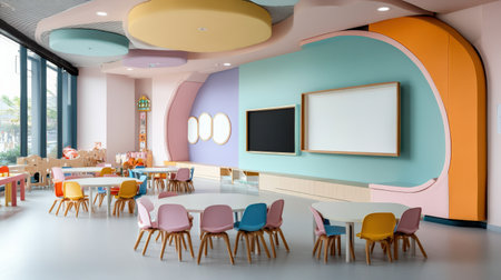 Colorful pastel colors learning rooms for pre-primary students or young children blank mockup frames on merry christmas wall of kindergarten or children playroom, display and show mockupの素材